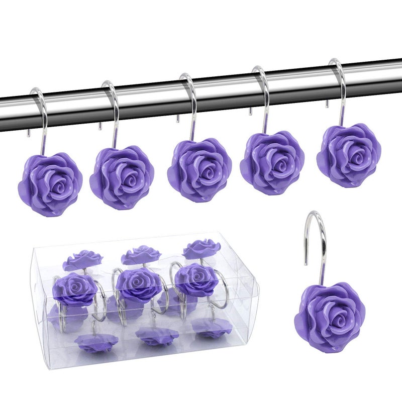 BEAVO Shower Curtain Hooks, Home Decorative Rustproof Shower Curtain Hooks Resin Rose Flower Shower Hooks Rings for Bathroom Shower Rods Curtains,Set of 12 Hooks (Purple) - Image 1